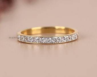 Obrączka ślubna z szlifem Princess Cut Channel Set, pierścionek z diamentami hodowanymi laboratoryjnie, pasujący pierścionek z litego 14-karatowego żółtego złota, prezent na rocznicę dla niej