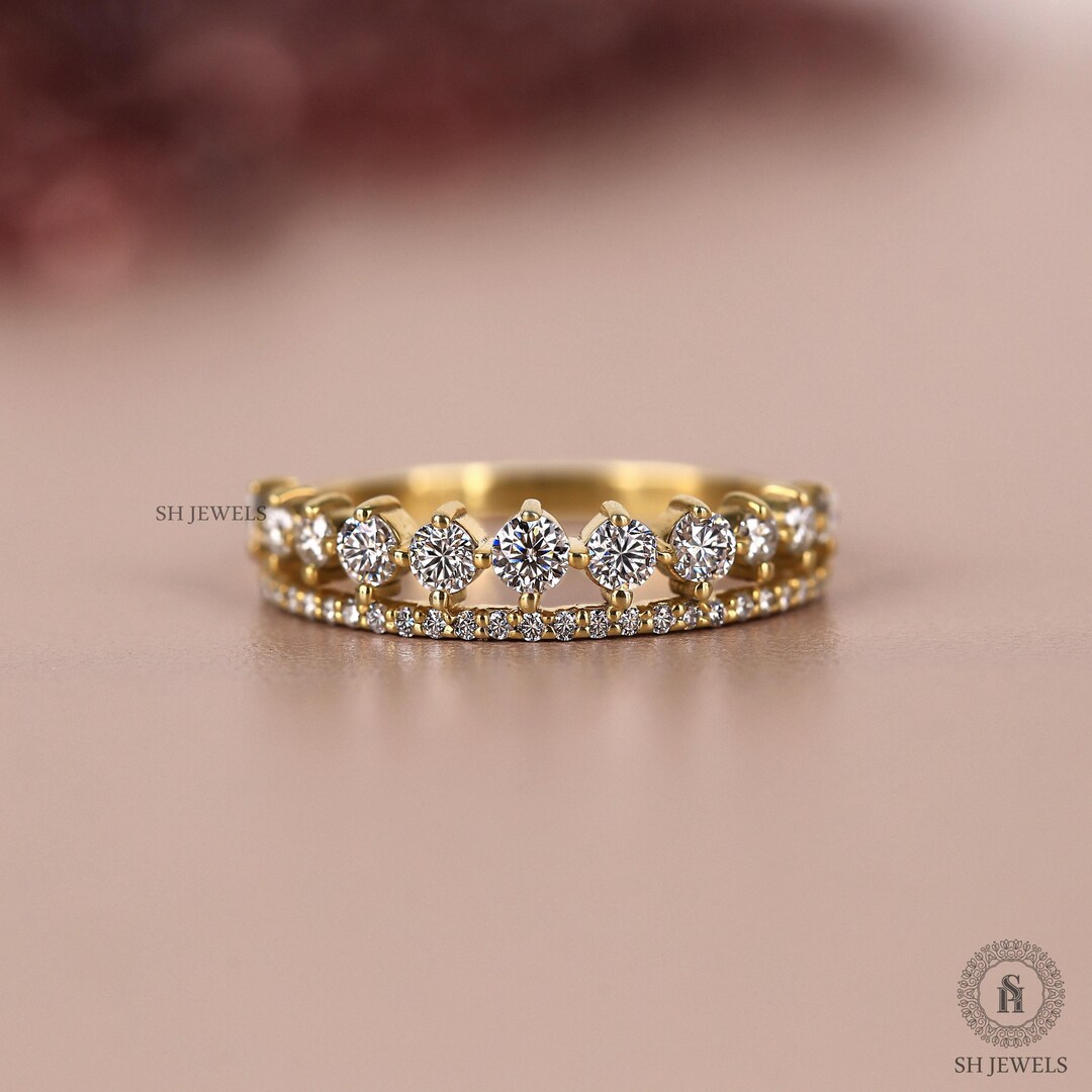 14K Gold Lab Grown Diamond Wedding Band, Double Row Pave Half Eternity ...