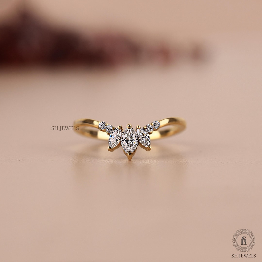 Marquise and Round Curved Wedding Band, Lab Grown Diamond V Shape Band ...