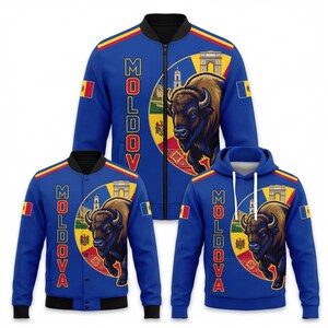 May include: A collection of three blue jackets and a hoodie featuring a graphic of a bison, the text MOLDOVA, the Moldovan flag, and architectural landmarks. The garments have black trim, long sleeves, and a vibrant design with yellow and red accents.