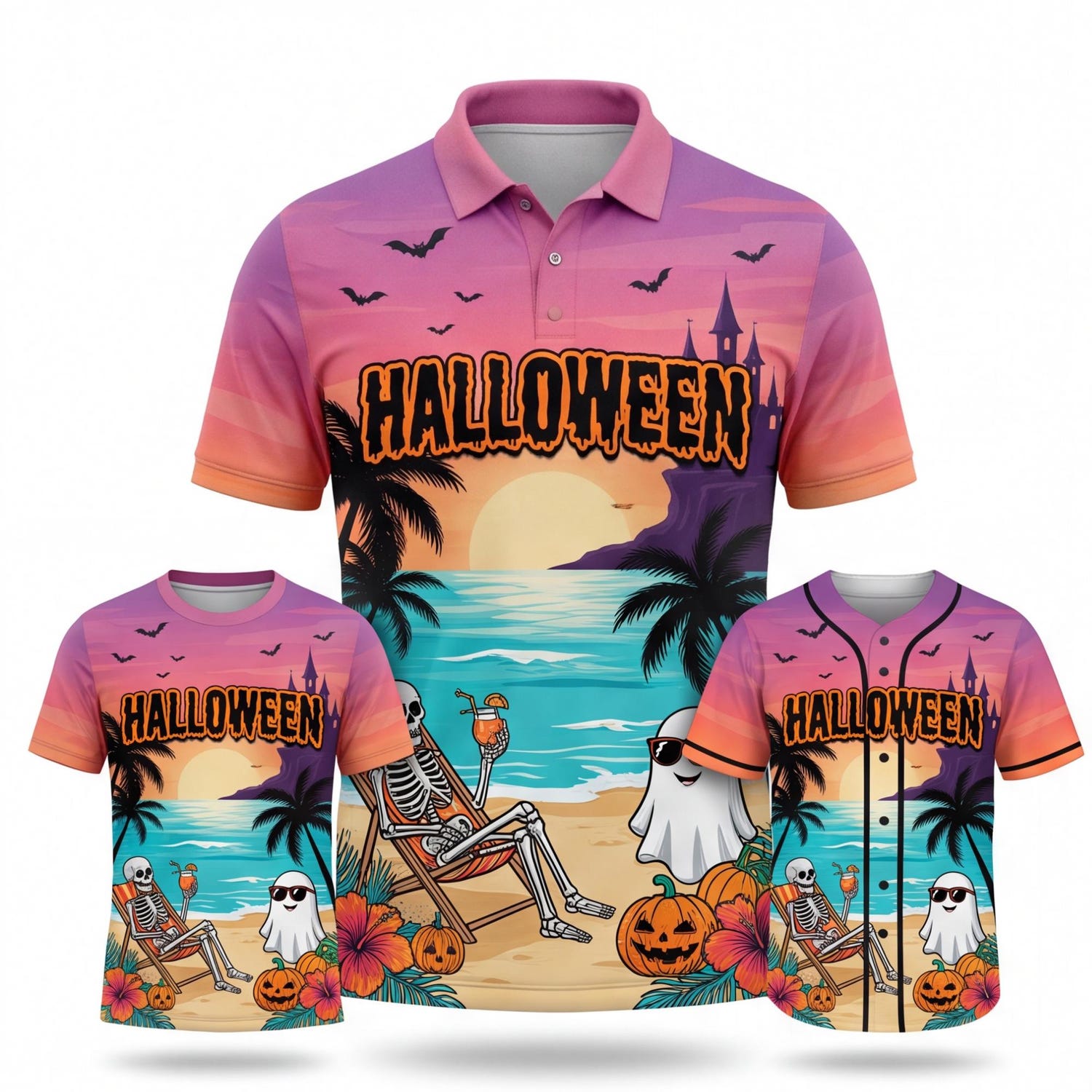 Beach Halloween T-Shirt, Baseball Jersey and Polo Shirt, Skeleton Ghost Pumpkin Design