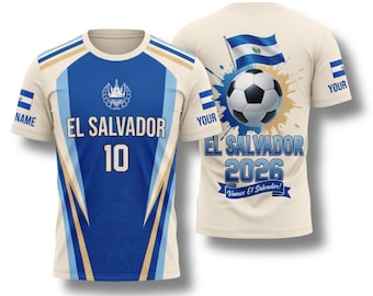 Maglia da calcio El Salvador 2026, personalizzabile con nome e numero.