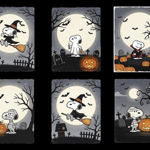 Könnte beinhalten: Sechs Halloween-Illustrationen mit Snoopy in verschiedenen Kostümen. Jedes Bild zeigt Snoopy mit einem Vollmondhintergrund, Fledermäusen, Kürbissen und einer Friedhofskulisse. Zu den Kostümen gehören eine Hexe, ein Geist, ein Vampir und eine Mumie.