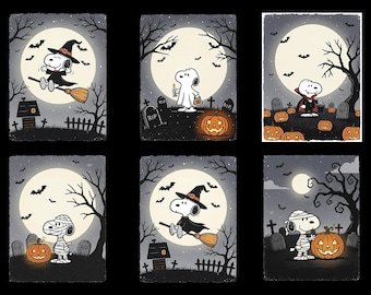 May include: A collection of six Halloween-themed illustrations featuring Snoopy in various costumes. Each image showcases Snoopy with a full moon backdrop, bats, pumpkins, and a graveyard setting. Costumes include a witch, ghost, vampire, and mummy.