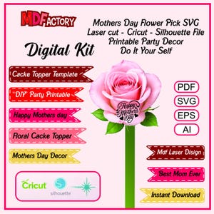 Puede incluir: Kit digital para la decoración de la fiesta del Día de la Madre. Incluye archivos SVG, PDF, EPS y AI. Presenta una rosa rosa con el texto "Happy Mother's Day", plantillas para adornos de pastel y un diseño "Best Mom Ever". Compatible con Cricut y Silhouette.