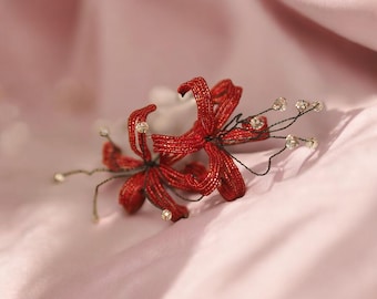 Inferno Spider Lily Earrings | Red Beaded Statement Earrings | Fantasy Botanical Jewelry | Dragonfire Floral Art