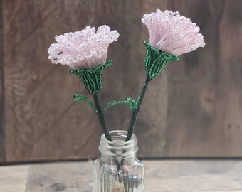 Carnation Birth Flower Gift for January – French Beaded Flower Stem, Handmade Floral Keepsake