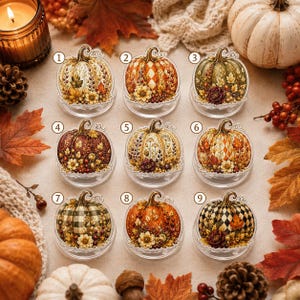 May include: Nine clear acrylic pumpkin ornaments numbered one through nine, each featuring unique autumn-themed designs with floral, leaf, and geometric patterns in shades of orange, gold, green, and brown, displayed on a neutral surface.