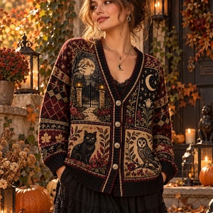 May include: A long-sleeve V-neck button-down cardigan featuring a dark color palette with intricate woven patterns. The design includes a full moon, a gated entrance, a black cat, an owl, and floral motifs in shades of burgundy, black, and gold.