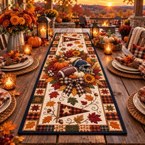 May include: A rectangular table runner featuring a fall-themed design with pumpkins, sunflowers, a football, a helmet, and pennants. The fabric displays a plaid border, autumn leaves, and a central bow, all set against a cream-colored background.