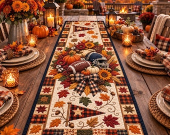 Football Table Runner, Fall Thanksgiving Table Decor, Pumpkin Harvest Quilted Runner, Autumn Game Day Farmhouse Decor