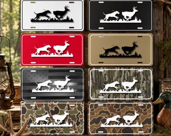 Hunting Dog Deer License Plate, Camo Hunter Car Tag, Deer Hunting Front Plate, Outdoor Sportsman Gift, Rustic Truck Decor