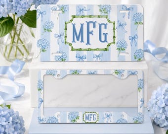 Personalized Monogram License Plate & Frame Set, Blue Hydrangea Car Tag, Preppy Floral Auto Accessory, Custom Gift for Her