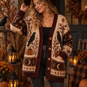 May include: A long-sleeve button-down cardigan in cream and dark brown featuring a knit pattern of black ravens, orange pumpkins, crescent moons, and stars. The garment has a deep V-neckline, ribbed cuffs, a ribbed hem, and two front pockets.