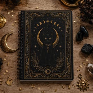 Può includere: Un taccuino nero con rilegatura a spirale caratterizzato da un'illustrazione color oro di un gatto al centro di una luna crescente. Il design della copertina include motivi celesti, tra cui fasi lunari, stelle e bordi decorativi.