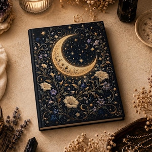 Könnte beinhalten: Ein Notizbuch mit festem Einband in Dunkelblau, verziert mit einem goldenen Halbmond, kunstvollen Blumenranken und verstreuten Sternen. Das Design zeigt weiße und blaue Blüten, die mit goldenen Filigranmustern auf der Vorderseite verwoben sind.