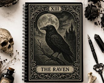 May include: A spiral-bound notebook featuring a black and beige cover illustration of a raven perched on a branch before a full moon and a castle. The cover includes the Roman numeral XIII at the top and the text THE RAVEN at the bottom.