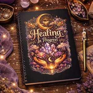Healing In Progress zwart, stevig notitieboek: spiritueel kristallen dagboek
