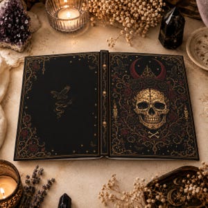 Può includere: Un libro con copertina rigida nera e illustrazioni dorate e rosse. La copertina mostra un teschio dettagliato circondato da rose, candele e una luna crescente. Il dorso presenta piccole icone di teschi e il retro un uccello in volo.