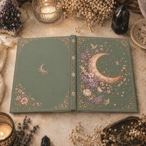 Peut inclure: Un livre à couverture rigide vert sauge orné d'une illustration dorée représentant un croissant de lune entouré de fleurs roses et violettes, de petits oiseaux et d'étoiles. Le design comprend des bordures florales et une petite lune.