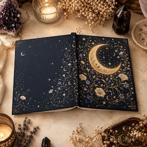 Può includere: Un libro con copertina rigida aperto, caratterizzato da una copertina blu navy scuro con una luna crescente dorata, intricati viticci floreali e piccoli motivi a stella. Il design include fiori bianchi e blu sulle copertine.