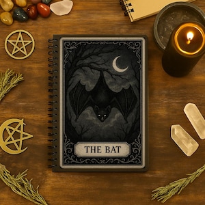 Op de afbeelding: Een spiraalgebonden notitieboek met een donkere omslag met een zwarte vleermuisillustratie onder een halve maan en de tekst "THE BAT". De afbeelding is omgeven door kristallen, een brandende kaars en andere occulte items.