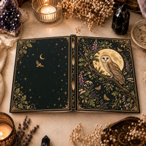 Peut inclure: Un livre relié ouvert avec une couverture noire ornée d'illustrations en feuille d'or. Le côté gauche montre un croissant de lune et des étoiles, tandis que le côté droit représente une effraie des clochers sur une branche devant la pleine lune.