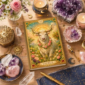 Peut inclure: Un journal décoratif avec une illustration du signe astrologique du Taureau orné de fleurs. L'image comprend des cristaux, des bougies et un stylo, créant une esthétique mystique. Le journal est entouré d'autres objets sur le thème céleste.