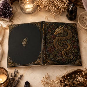 Pode incluir: Um livro de capa dura preto com ilustrações em folha de ouro. A capa frontal exibe um dragão detalhado enrolado entre rosas e vinhas, enquanto a contracapa mostra uma pequena asa de dragão e filigranas ornamentadas nos cantos.