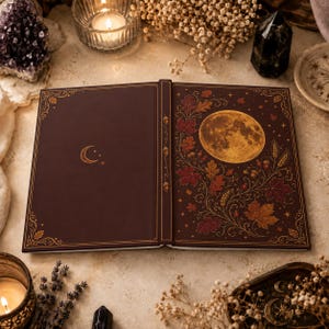 Op de afbeelding: Een open hardcover boek met een donkerbruine kaft. De linkerkant toont een kleine gouden maansikkel en sterren. De rechterkant toont een grote gouden volle maan omringd door gedetailleerde illustraties van herfstbladeren, eikels en tarwe.