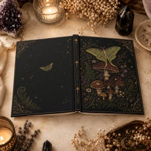 Peut inclure: Un livre à couverture rigide noir orné d'illustrations dorées représentant un grand papillon lune, divers champignons, des fougères et des motifs floraux délicats. Le dos est décoré de petites icônes de champignons et d'étoiles dorées.