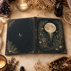 May include: An open book with a dark navy cover featuring gold foil illustrations. The left side shows a crescent moon, while the right side displays a full moon over water, surrounded by intricate seaweed, coral, and seashell motifs.