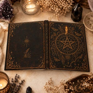 May include: A black hardcover book with gold foil illustrations featuring a central pentagram, a burning candle, moths, stars, and an eye symbol. The cover design includes intricate botanical borders and celestial motifs on both front and back panels.
