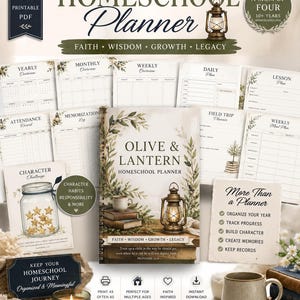 May include: A 36-page printable PDF homeschool planner titled Olive & Lantern. The cover features a lantern, books, and a mug. Included are various planning sheets for yearly, monthly, weekly, and daily schedules, attendance, and lesson plans.