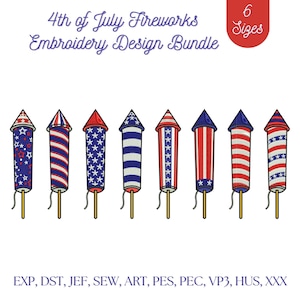 May include: An embroidery design bundle featuring seven stylized fireworks in red, white, and blue. Each firework has a different design, including stars, stripes, and solid colors. The text reads "4th of July Fireworks Embroidery Design Bundle."
