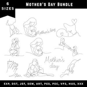 May include: A black and white Mother's Day bundle with six sizes. The image features line art illustrations of mothers and children, including hugging, holding hands, and a mother holding a baby. The words "Mother's Day" and "Love You" are also included.