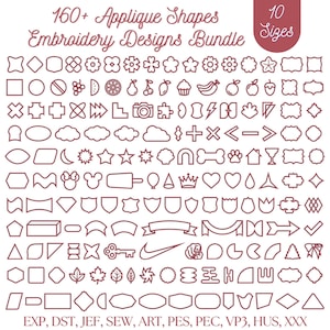 May include: A digital collection of 160+ applique shapes and embroidery designs bundle in 10 sizes. The image displays numerous outlined icons including geometric shapes, fruits, animals, and symbols with text reading 160+ Applique Shapes Embroidery Designs Bundle, 10 Sizes, and file formats EXP, DST, JEF, SEW, ART, PES, PEC, VP3, HUS, XXX.