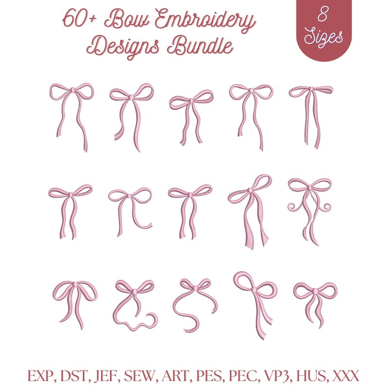 Puede incluir: Una colecci&oacute;n digital titulada 60+ Bow Embroidery Designs Bundle with 8 Sizes, que presenta catorce ilustraciones de lazos en l&iacute;nea rosa dispuestas en tres filas, con los formatos de archivo EXP, DST, JEF, SEW, ART, PES, PEC, VP3, HUS y XXX abajo.
