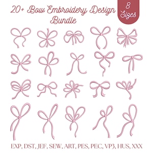 Pode incluir: Uma coleção digital de mais de 20 designs de bordado de laços em rosa, apresentando vários estilos de fitas e configurações de nós. O texto diz 20+ Bow Embroidery Design Bundle, 8 Sizes, e lista os formatos EXP, DST, JEF, SEW, ART, PES, PEC, VP3, HUS, XXX.