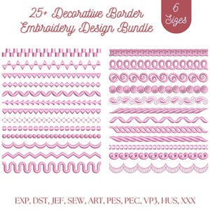 Könnte beinhalten: Eine digitale Sammlung von über 25 dekorativen Stickmustern für Bordüren in Pink, mit verschiedenen geometrischen, wellenförmigen und geschwungenen Mustern. Der Text lautet 25+ Decorative Border Embroidery Design Bundle, 6 Sizes, sowie die Formate EXP, DST, JEF, SEW, ART, PES, PEC, VP3, HUS, XXX.