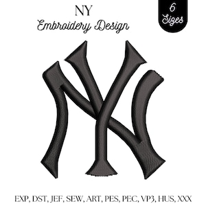 May include: A black NY embroidery design featuring the iconic interlocking letters. The text NY Embroidery Design appears at the top, with 6 Sizes in a black circle. The bottom lists file formats: EXP, DST, JEF, SEW, ART, PES, PEC, VP3, HUS, XXX.