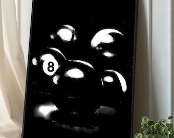 May include: Monochrome art print depicting a group of snooker balls. The number 8 ball is visible. The image has a high-contrast, artistic aesthetic, suitable for wall decor.