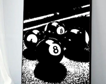 May include: Monochrome art print depicting a close-up of pool balls, with the number eight visible on two of them. The balls are clustered together, set against a stark white and black background. The image has a high-contrast, graphic style.