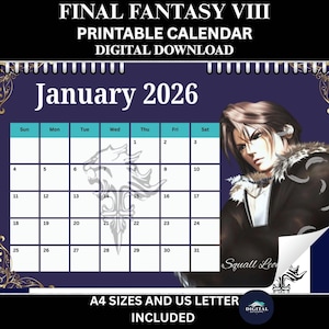 Può includere: Calendario stampabile digitale per gennaio 2026, a tema Final Fantasy VIII. Il calendario ha uno sfondo blu scuro, un'illustrazione del personaggio e il testo "FINAL FANTASY VIII PRINTABLE CALENDAR DIGITAL DOWNLOAD".