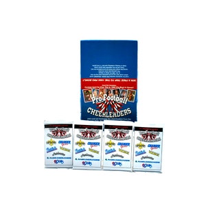 May include: A box of Pro Football Cheerleaders trading cards featuring a photo of cheerleaders on the front. The box is blue with white text. There are four packs of cards in the image, each with a different team logo: Rams, Chargers, Patriots, and Raiders.