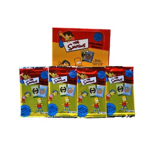 May include: A collection of The Simpsons collectible stickers. The image shows a box of stickers with the show's logo and characters, along with several individual packs. Each pack contains stickers featuring Bart Simpson and other characters.