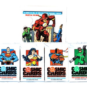 4 Packungen DC Cosmic Trading Cards Superhelden von Impel 1991 Flash, Green Lantern, Superman, Batman, & Wonder Woman DC Comics