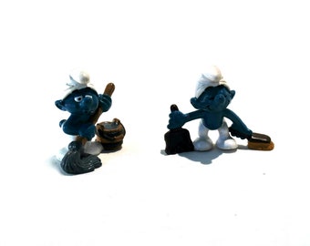 Smurf Workers Sweeping w/ Dustpan & Mopping Vintage PVC Schleich