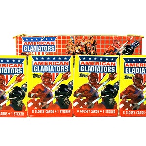 4 confezioni di adesivi e carte illustrate American Gladiator Blaze, Hawk, Laser e altro