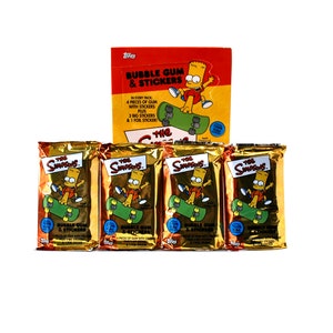 May include: A pack of The Simpsons bubble gum and stickers. The pack features a yellow cartoon character on a skateboard. The text on the pack reads "The Simpsons Bubble Gum & Stickers".